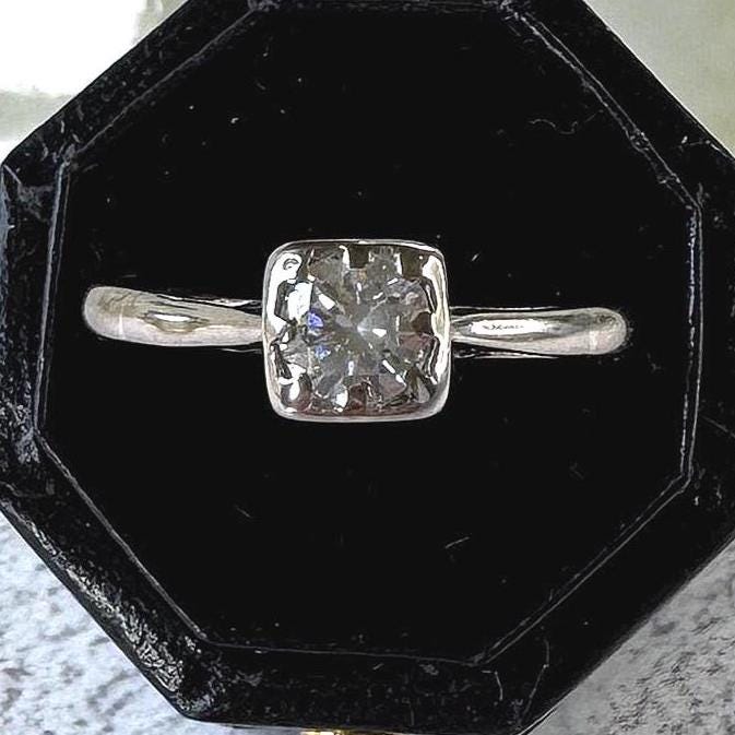 Vintage 18ct White Gold 0.43ct Diamond Solitaire Ring, Square Bezel Set, Size M.5/6.5