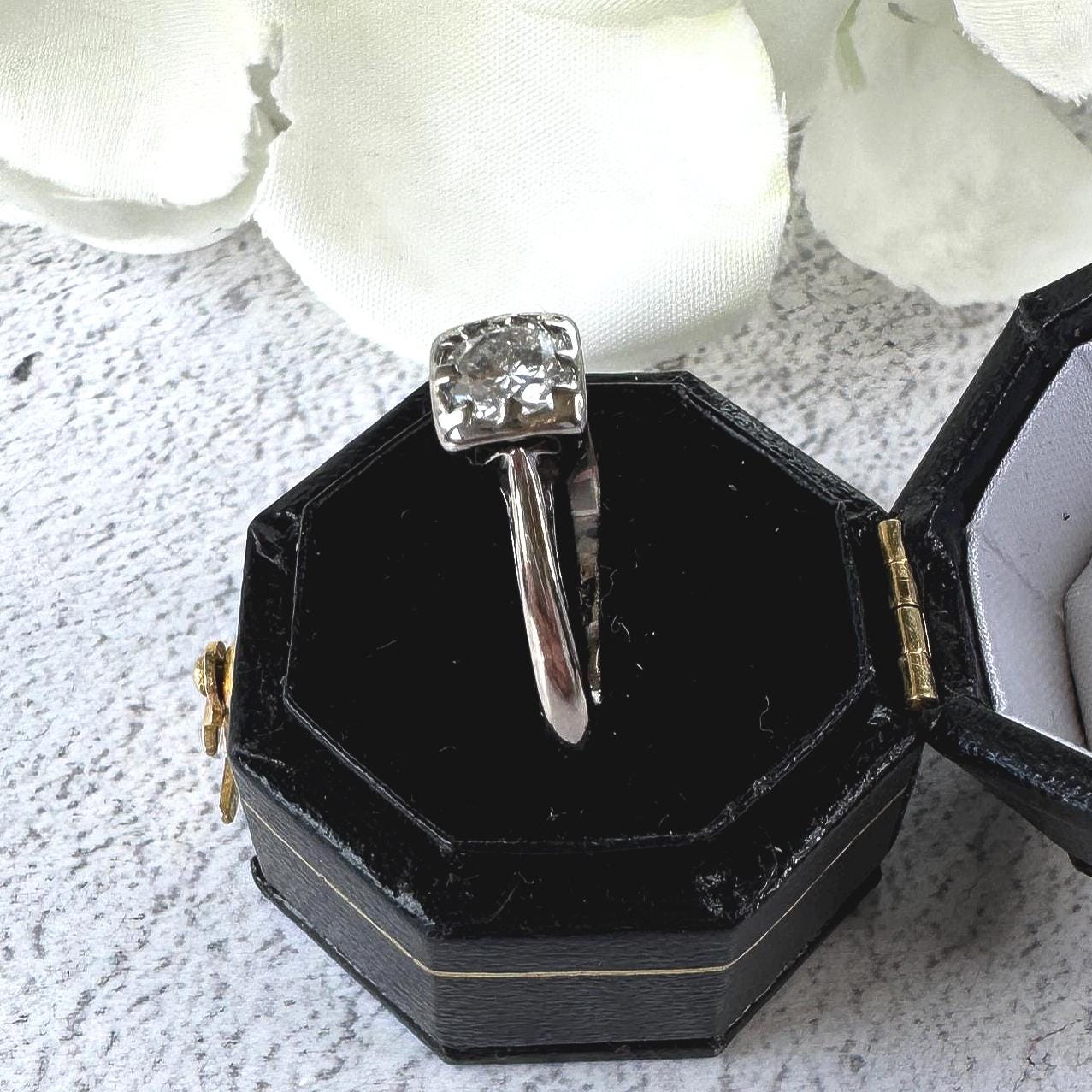Vintage 18ct White Gold 0.43ct Diamond Solitaire Ring, Square Bezel Set, Size M.5/6.5