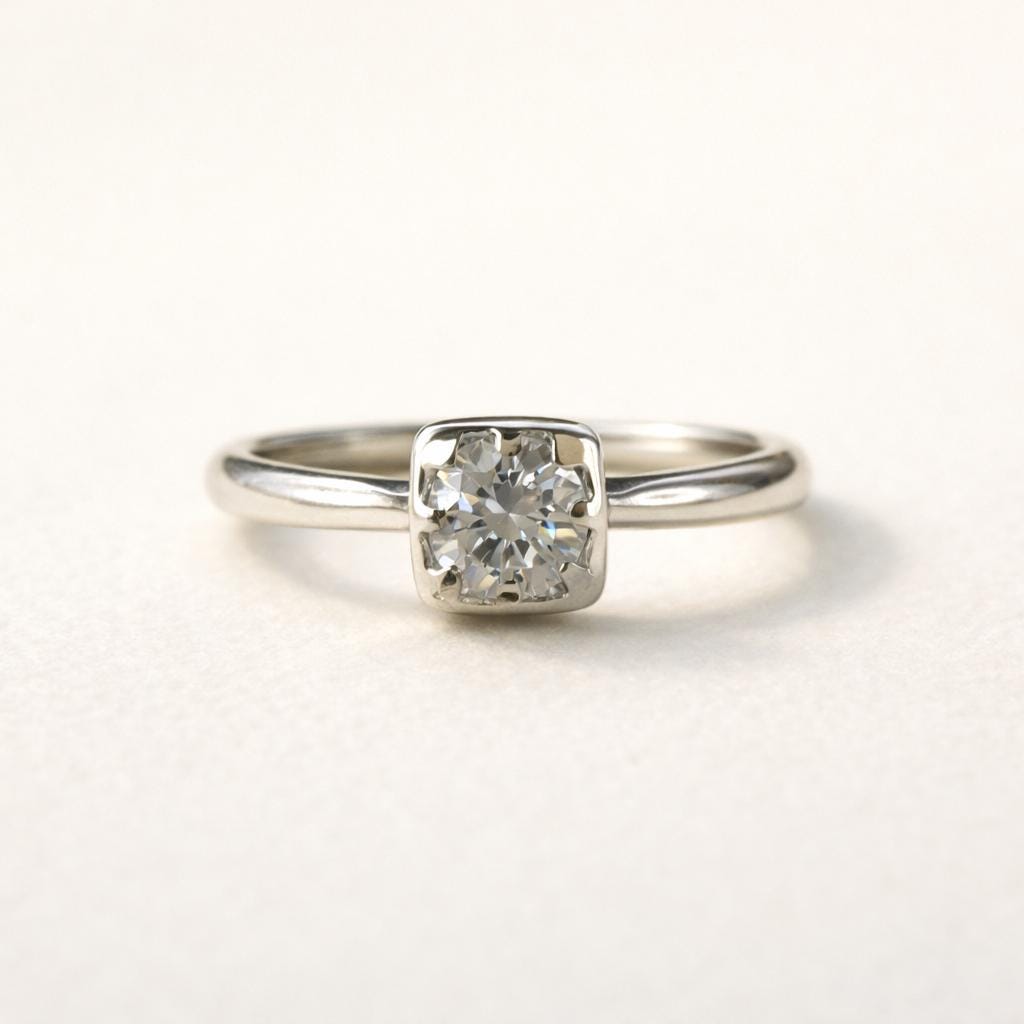 Vintage 18ct White Gold 0.43ct Diamond Solitaire Ring, Square Bezel Set, Size M.5/6.5