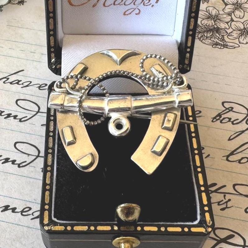 Victorian Sterling Silver Horseshoe & Whip Brooch