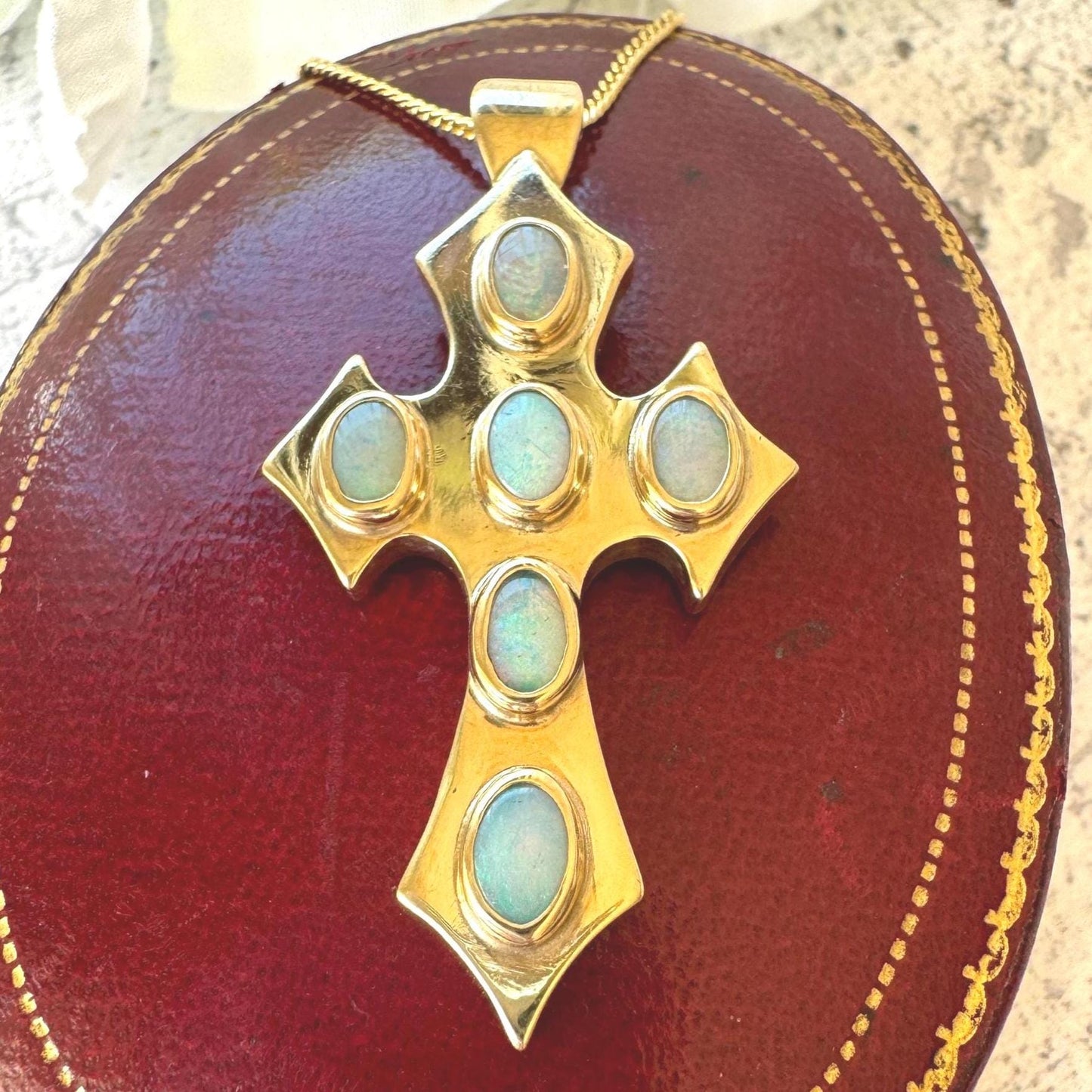 Vintage 9ct Gold Opal Gothic Cross Pendant, Millennium Hallmarked