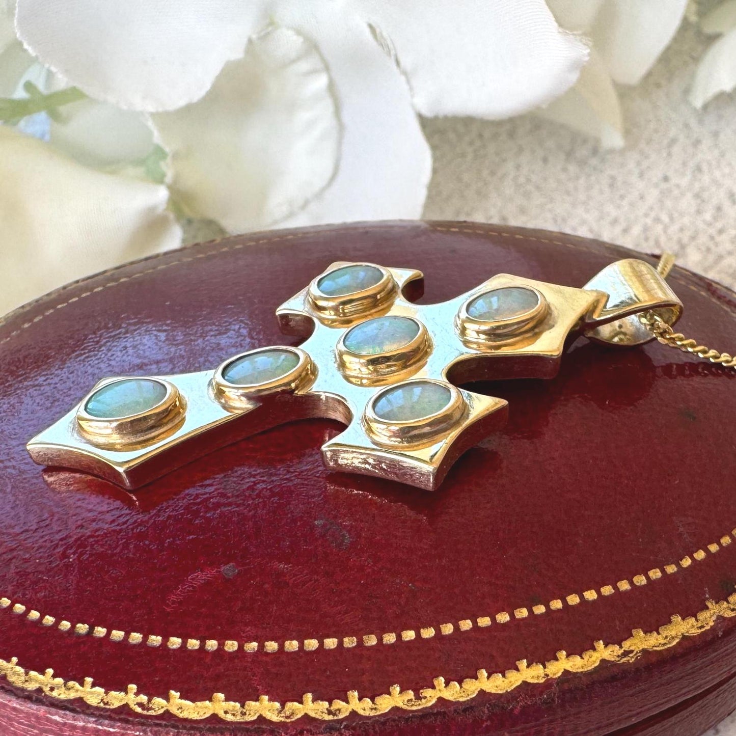 Vintage 9ct Gold Opal Gothic Cross Pendant, Millennium Hallmarked