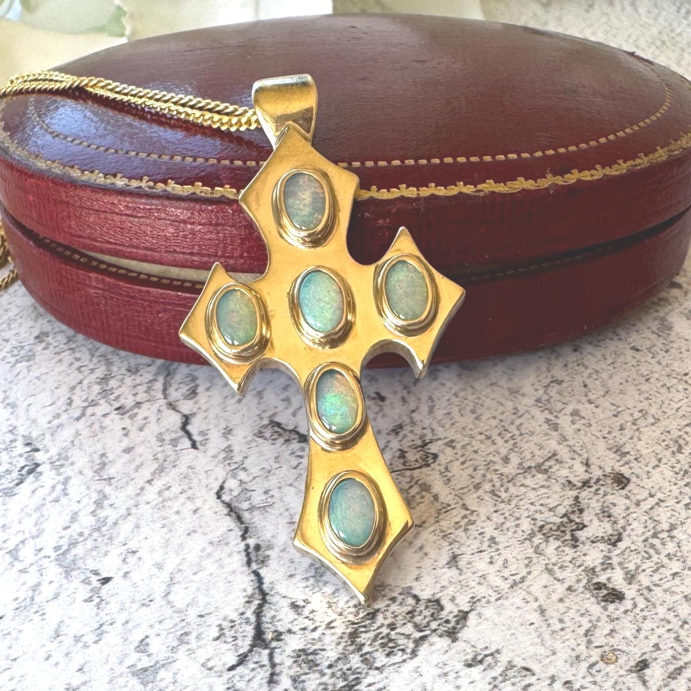 Vintage 9ct Gold Opal Gothic Cross Pendant, Millennium Hallmarked