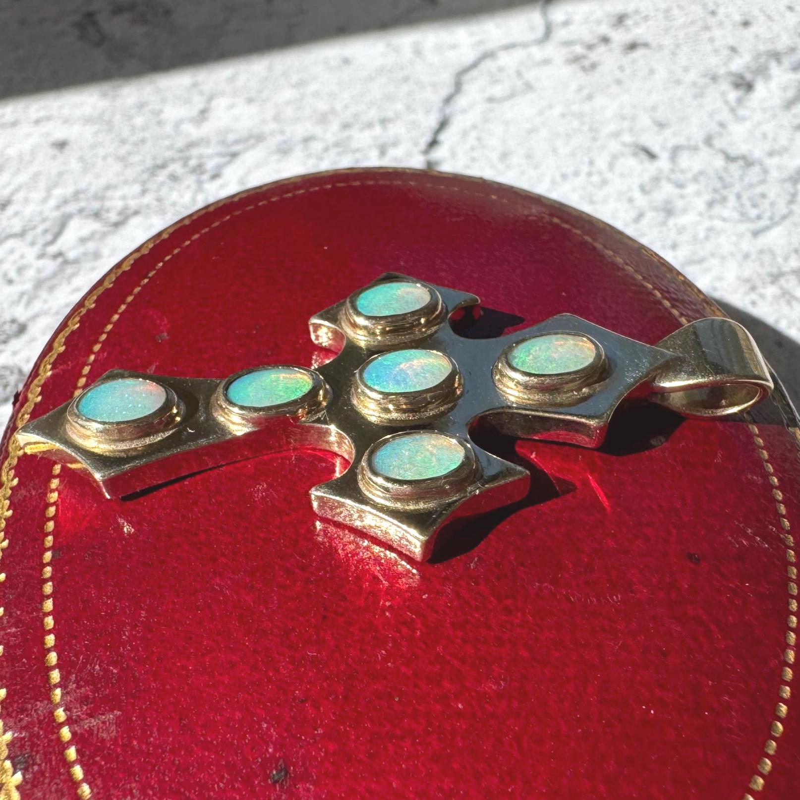 Vintage 9ct Gold Opal Gothic Cross Pendant, Millennium Hallmarked