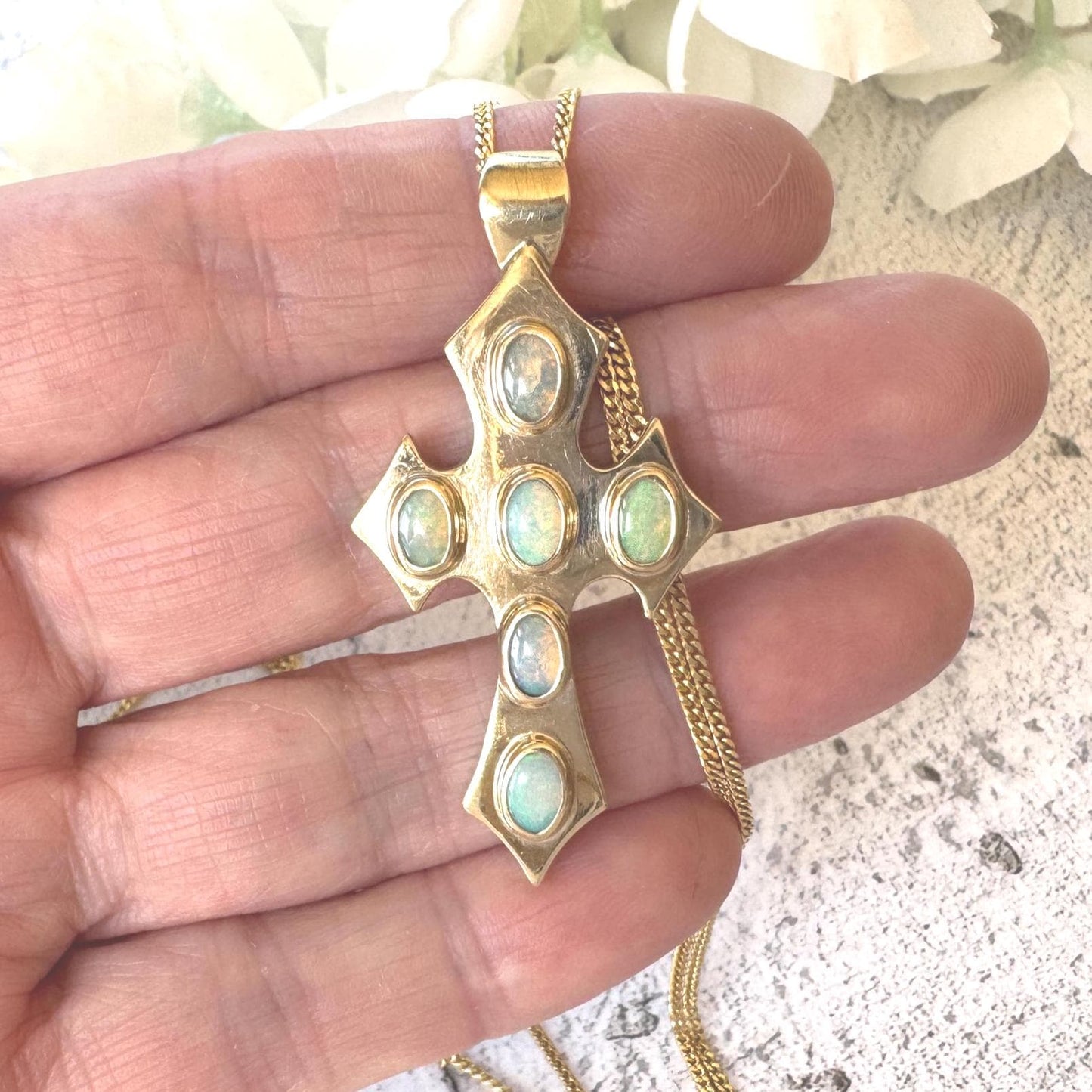 Vintage 9ct Gold Opal Gothic Cross Pendant, Millennium Hallmarked