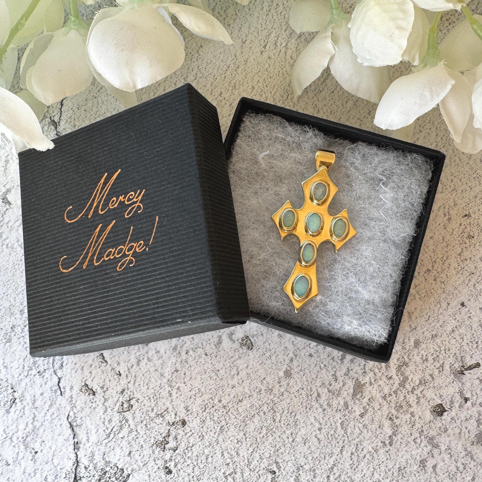 Vintage 9ct Gold Opal Gothic Cross Pendant, Millennium Hallmarked