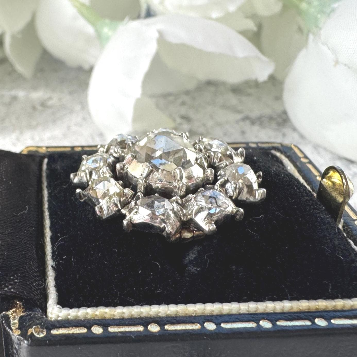 Georgian Rose Cut Diamond Daisy Halo Brooch, 18ct Gold, Foiled Diamonds