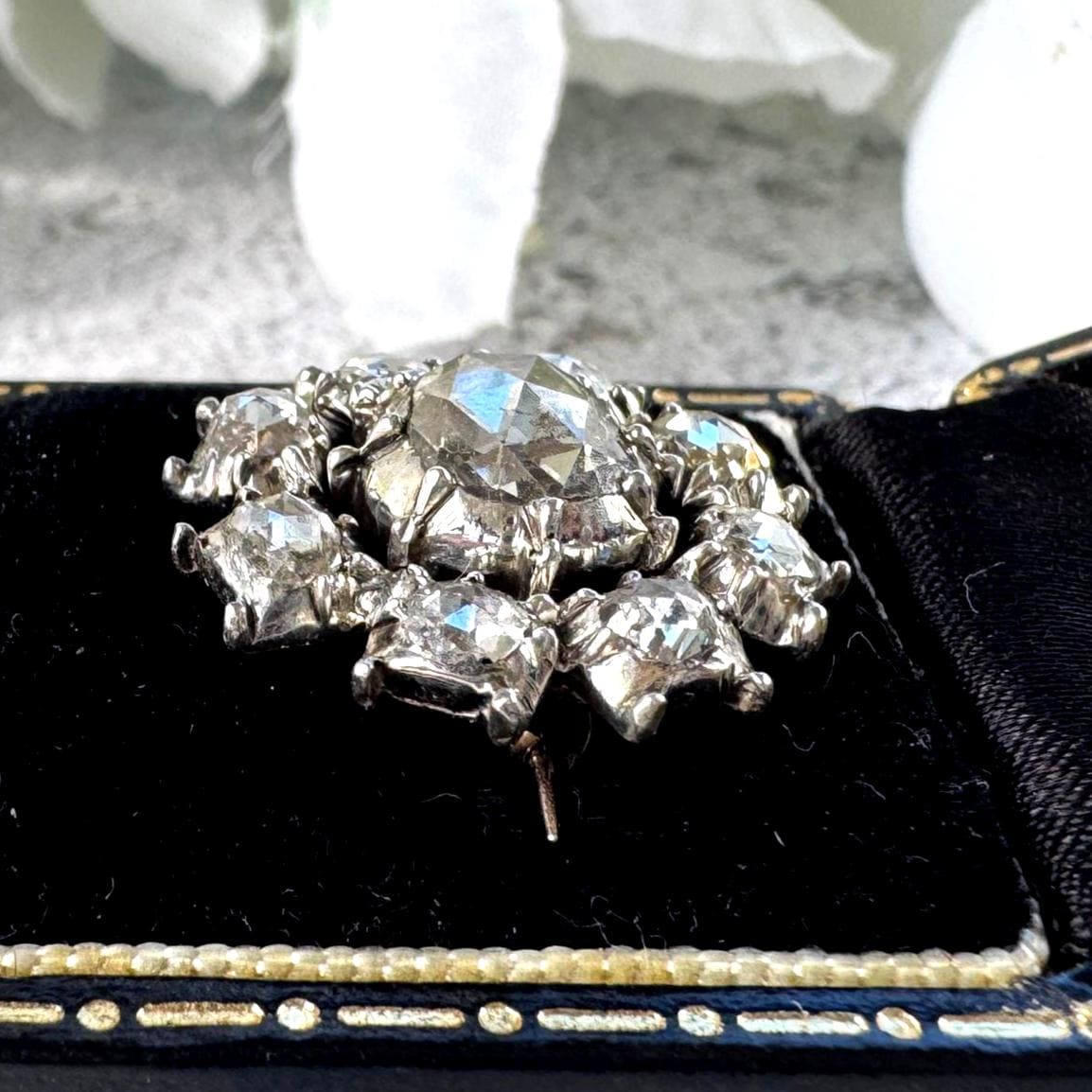 Georgian Rose Cut Diamond Daisy Halo Brooch, 18ct Gold, Foiled Diamonds