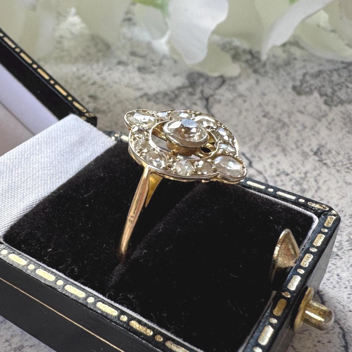 Victorian Diamond Target Ring: 1.14ct Old Mine Cut & Rose Cut Cluster. Platinum Topped 18ct Gold Antique Halo Ring