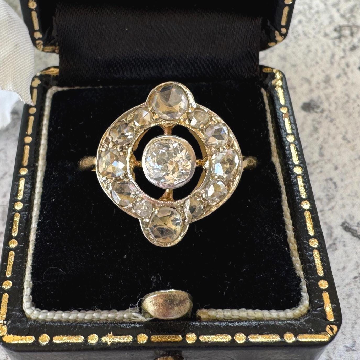 Victorian Diamond Target Ring: 1.14ct Old Mine Cut & Rose Cut Cluster. Platinum Topped 18ct Gold Antique Halo Ring