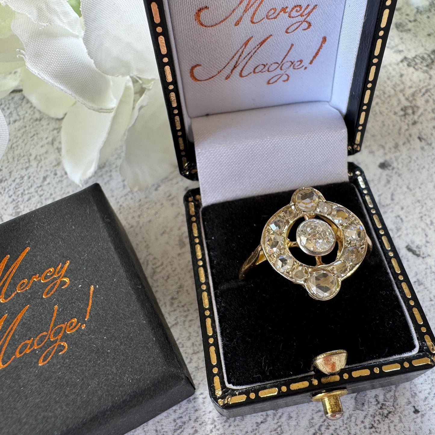Victorian Diamond Target Ring: 1.14ct Old Mine Cut & Rose Cut Cluster. Platinum Topped 18ct Gold Antique Halo Ring