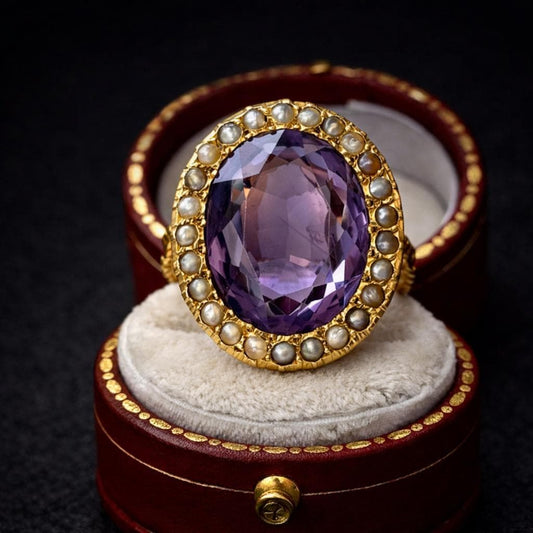 Antique Victorian 9ct Gold, 11.50ct Amethyst & Pearl Cluster Ring