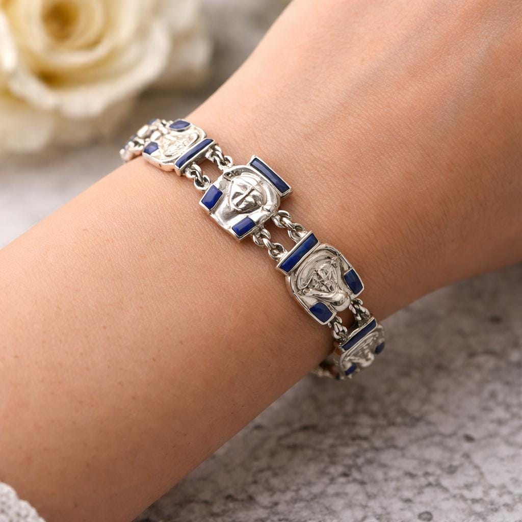 Art Deco Egyptian Revival Silver & Lapis Tutankhamun Bracelet