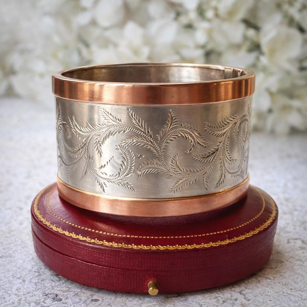 Victorian Sterling Silver & 9ct Rose Gold Bangle c1860