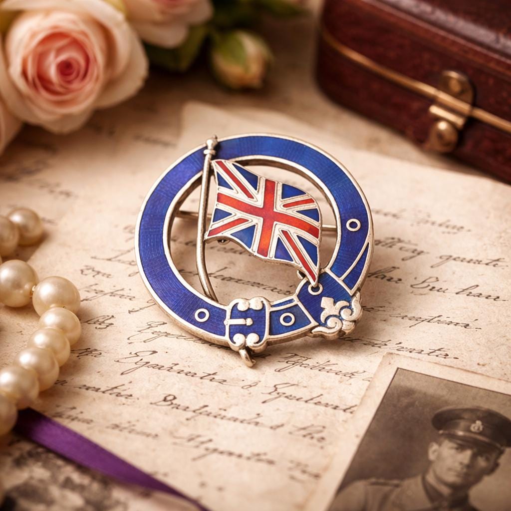 Antique Silver & Enamel Royal Garter Patriotic Union Jack Flag Brooch