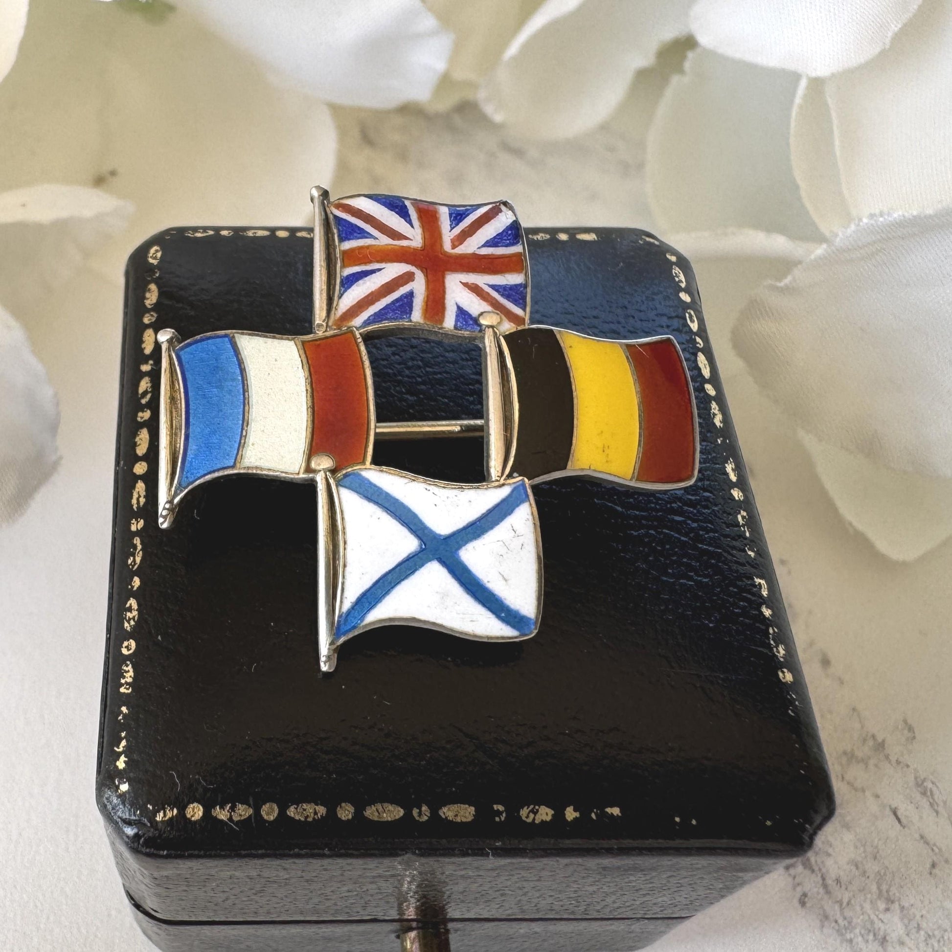 Rare WW1 Allies Sweetheart Brooch Russia Included 1914-1917: Sterling Silver Enamel Antique Military Pin