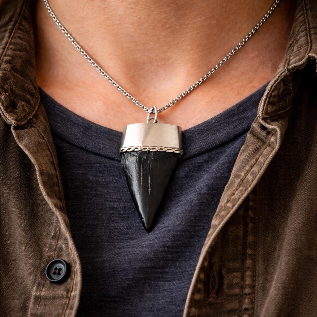 Large Megalodon Shark Tooth Sterling Silver Pendant