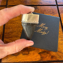 Load image into Gallery viewer, Large Megalodon Shark Tooth Sterling Silver Pendant: Vintage Real Fossil Statement Jewellery
