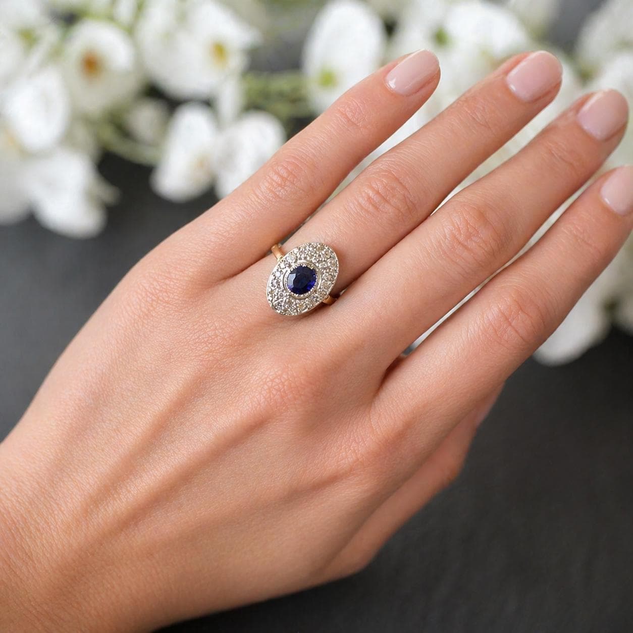 Antique Art Deco Sapphire and Diamond Cluster Ring, Platinum Topped 18ct Gold, c.1920
