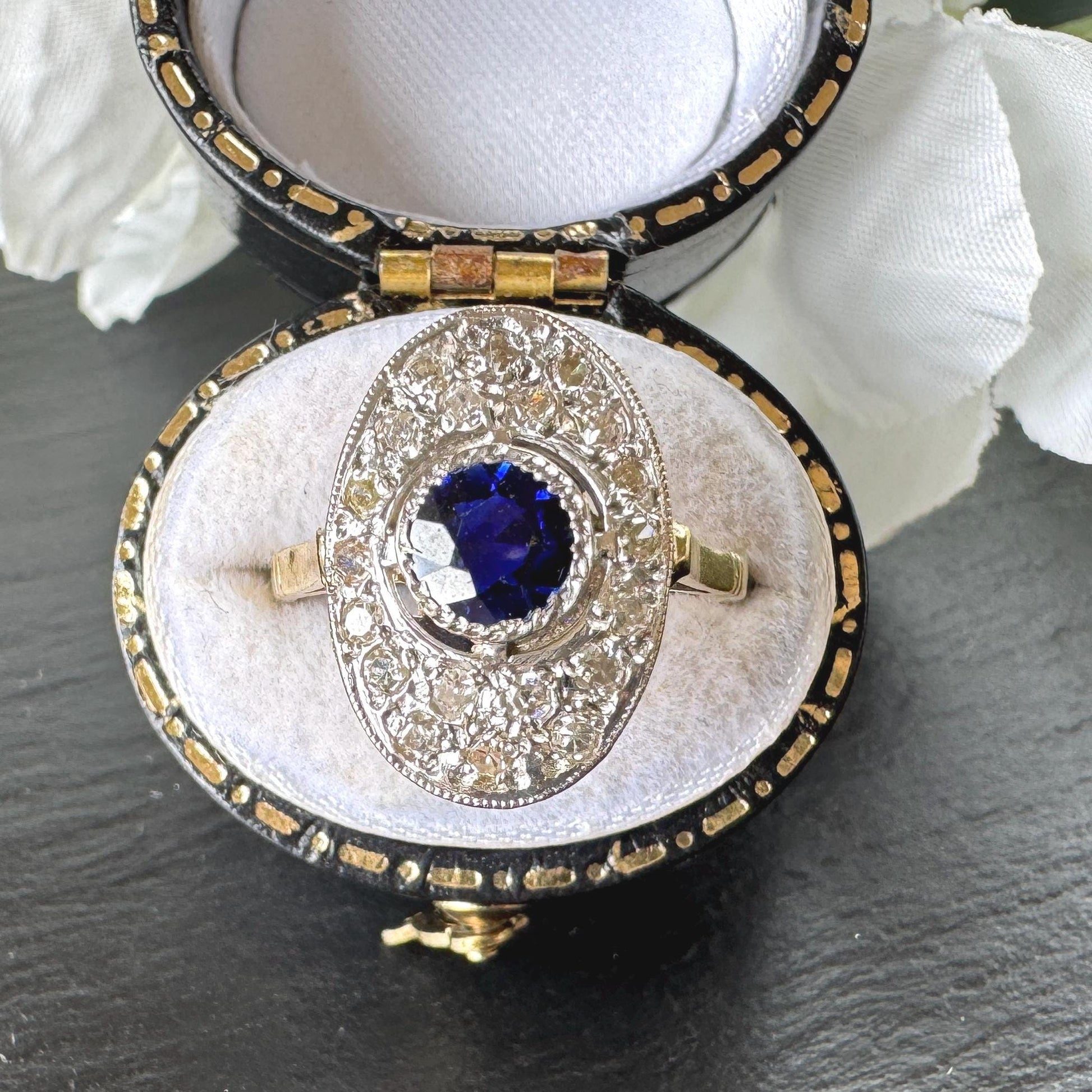 Antique Art Deco Sapphire and Diamond Cluster Ring, Platinum Topped 18ct Gold, c.1920
