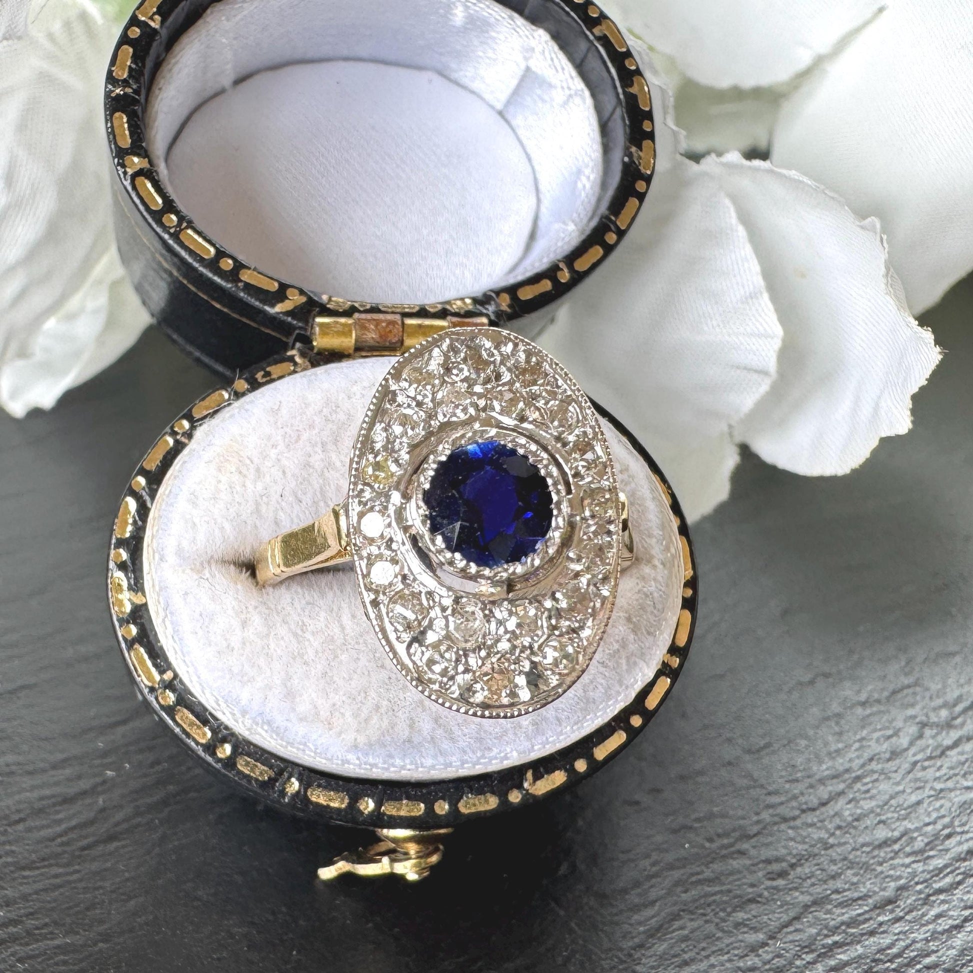 Antique Art Deco Sapphire and Diamond Cluster Ring, Platinum Topped 18ct Gold, c.1920