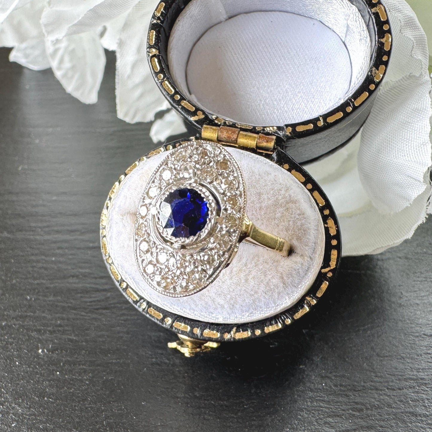 Antique Art Deco Sapphire and Diamond Cluster Ring, Platinum Topped 18ct Gold, c.1920