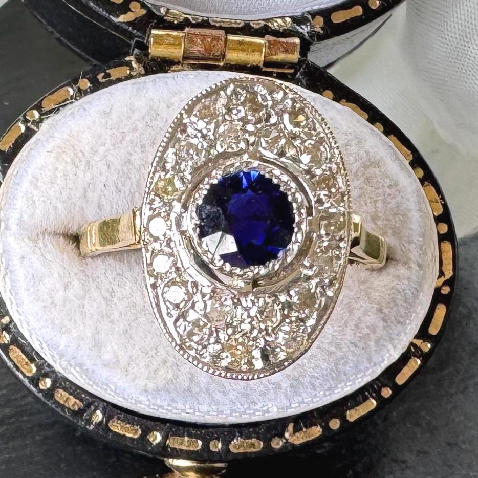 Antique Art Deco Sapphire and Diamond Cluster Ring, Platinum Topped 18ct Gold, c.1920