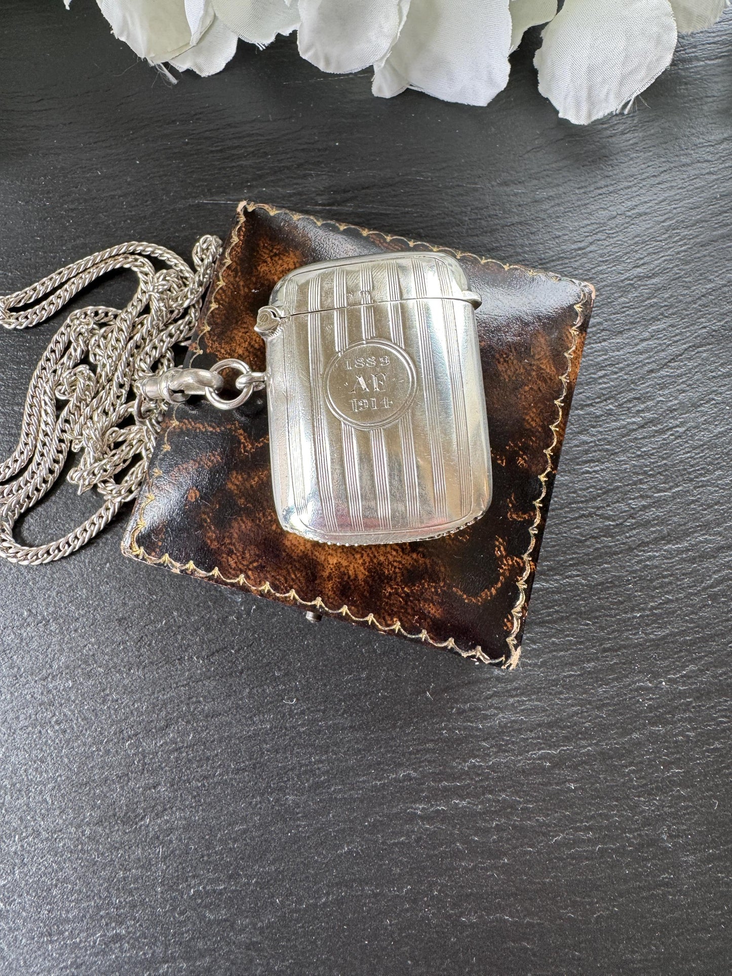 Antique Sterling Silver Vesta Case Pendant, 1912 Birmingham Haseler, Engraved 1889–1914 Memorial Match Safe Necklace