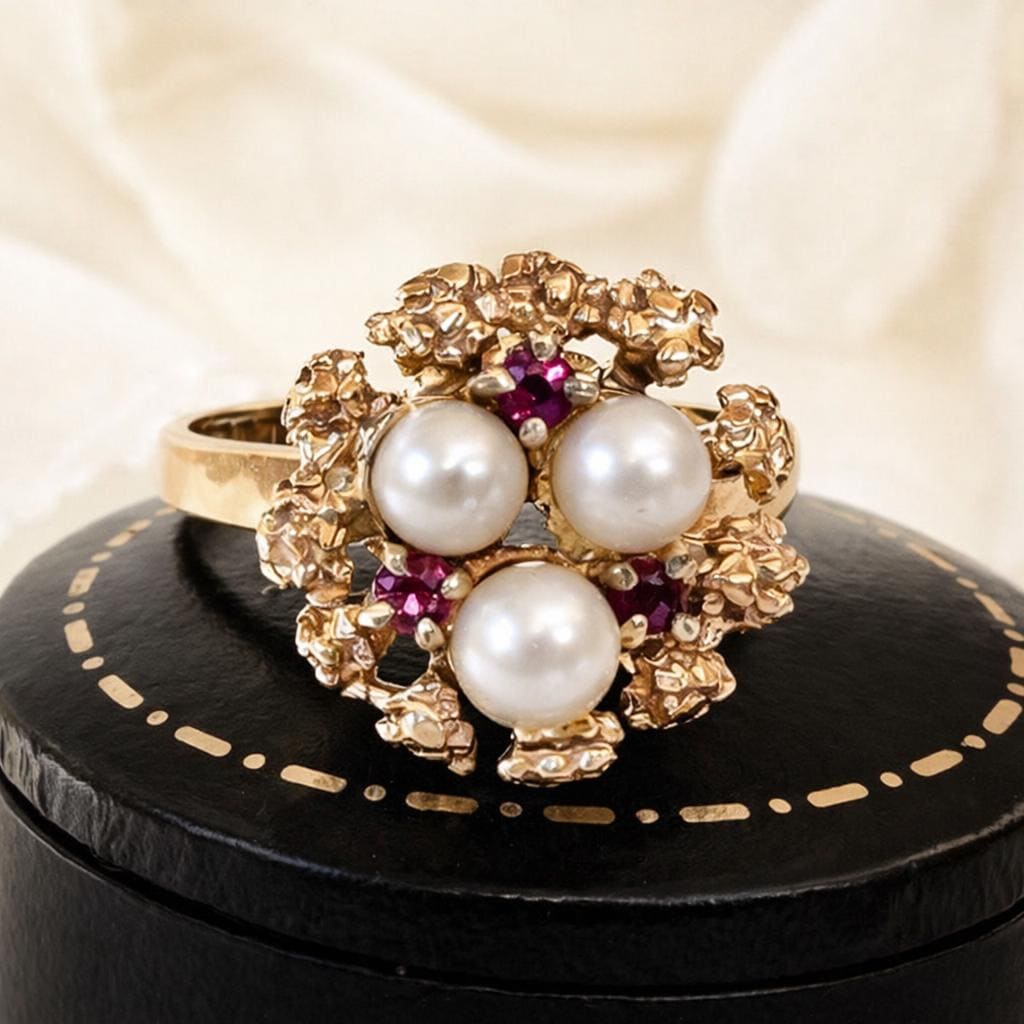 Vintage 9ct Gold Pearl & Ruby Birds Nest Cocktail Ring
