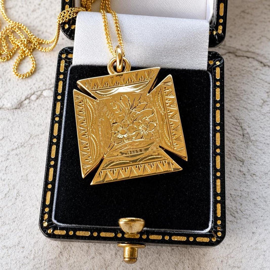 Victorian 9ct Gold Engraved Maltese Cross Hidden Locket Pendant
