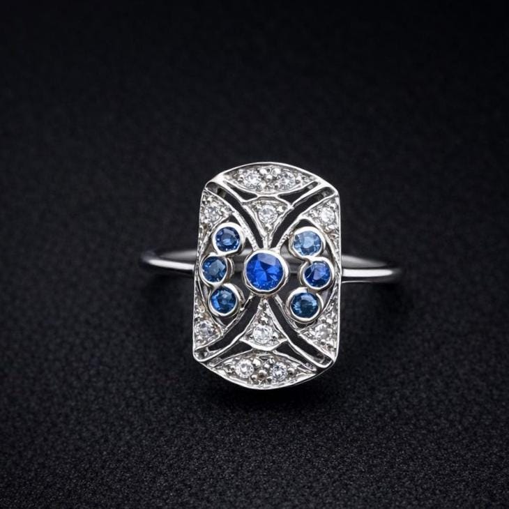 Antique 18ct White Gold Diamond & Sapphire Cluster Ring