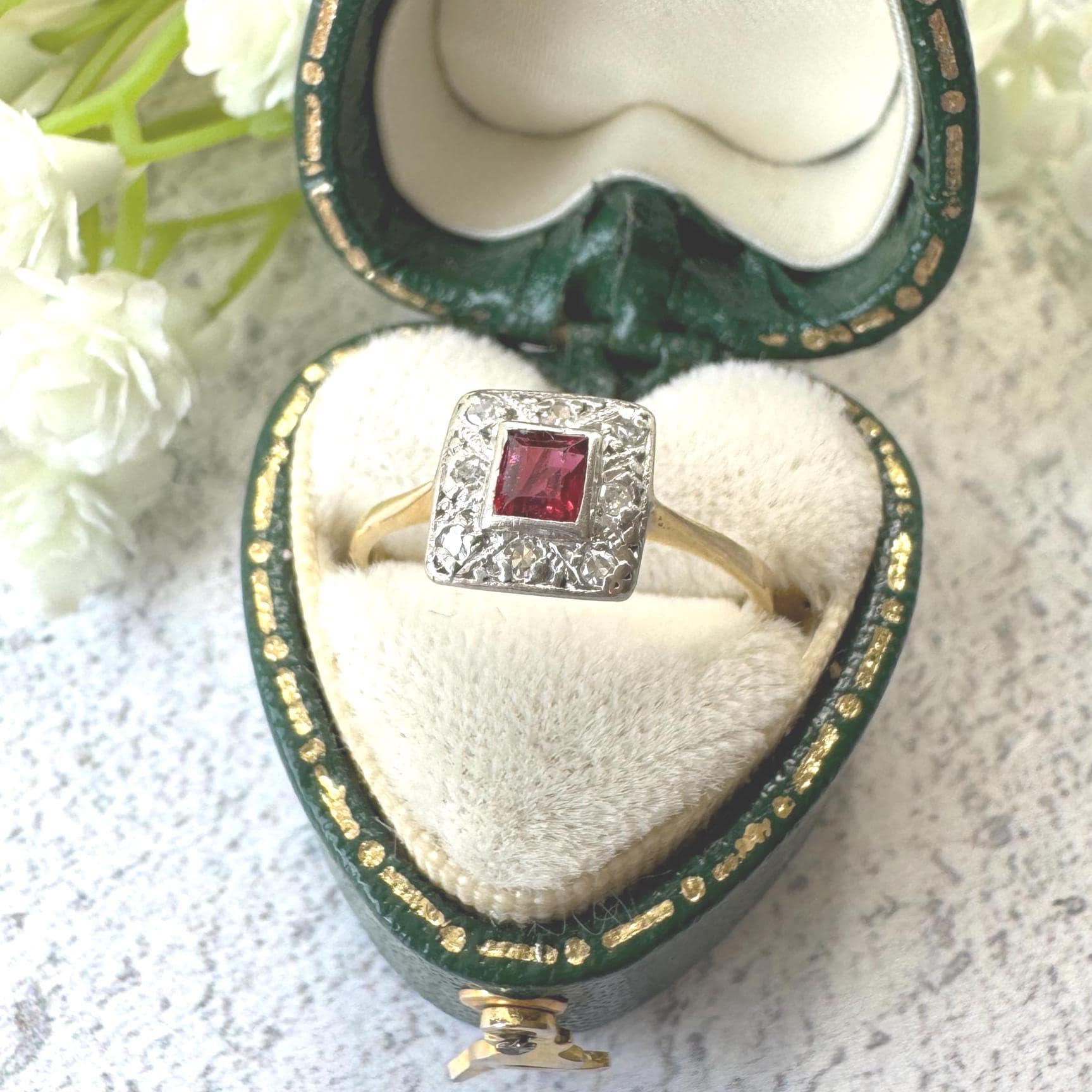 Art Deco Square-Cut Ruby & Diamond Cluster Halo Ring in 18ct Gold and Platinum