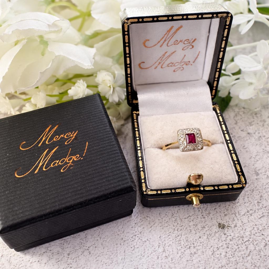 Art Deco Square-Cut Ruby & Diamond Cluster Halo Ring in 18ct Gold and Platinum