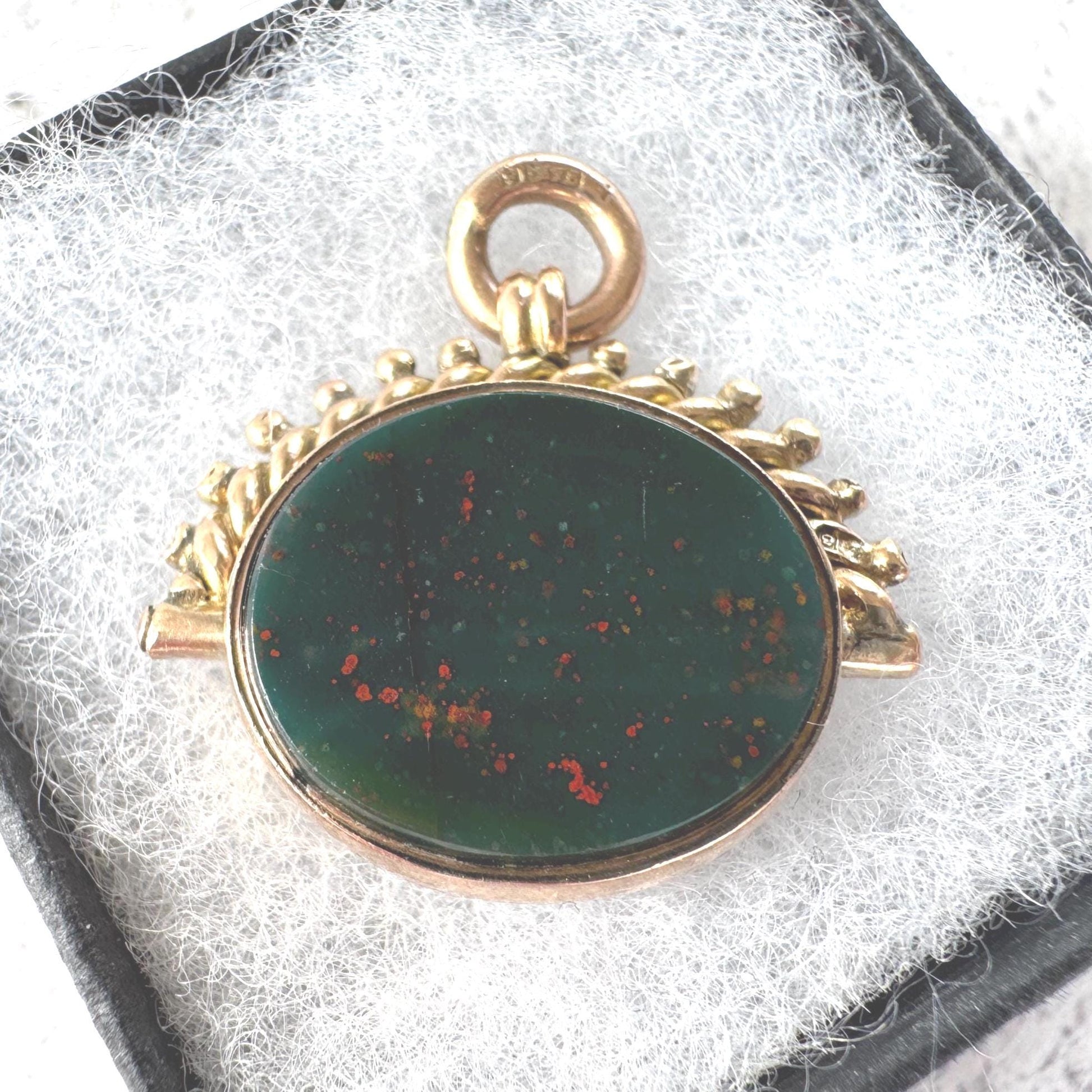 Antique Victorian Spinner Fob, 1902 9ct Gold Carnelian Bloodstone Pendant Watch Chain Charm