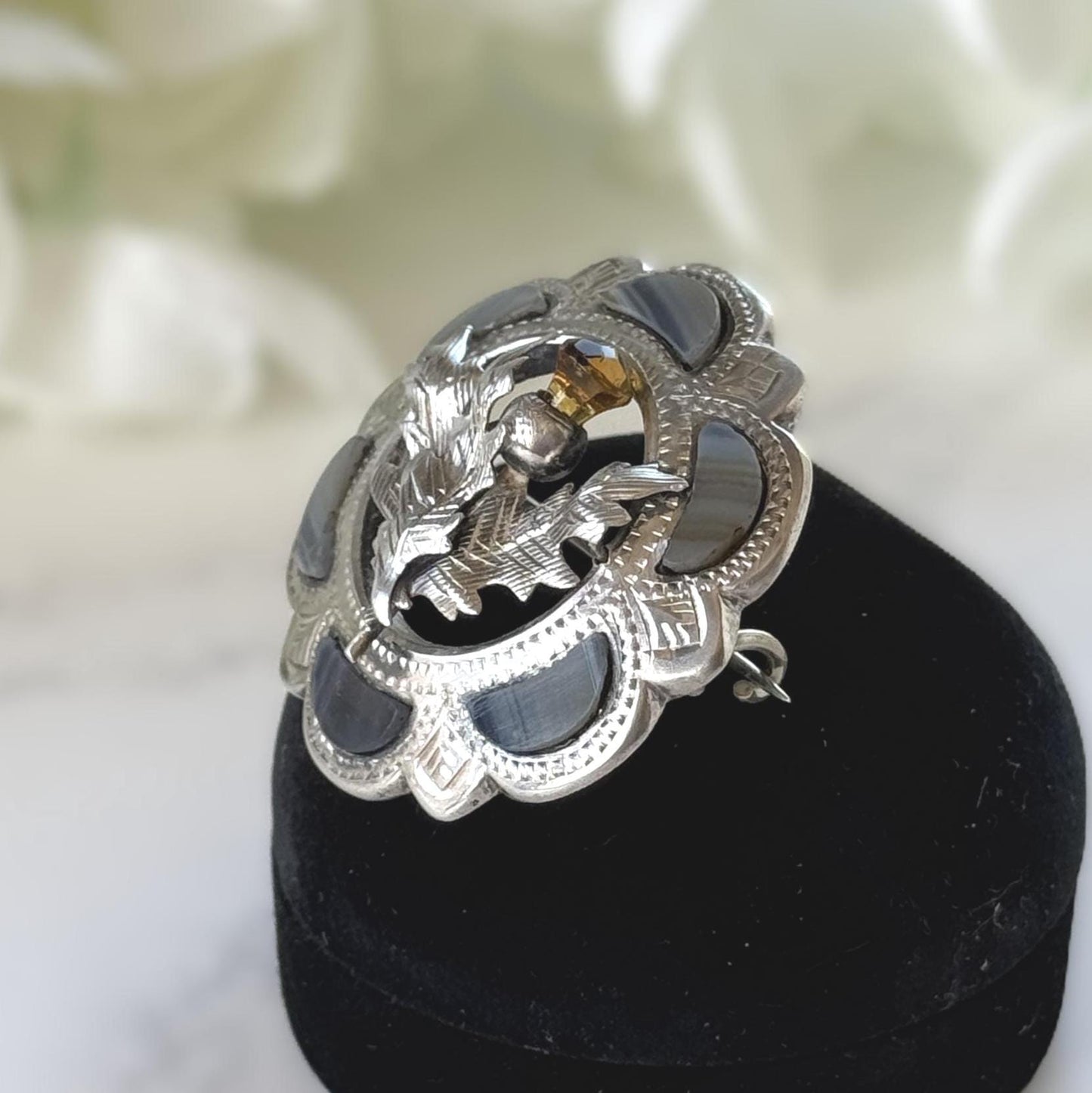 Antique Victorian Scottish Agate Citrine Thistle Brooch, Sterling Silver Pebble Jewellery c1900