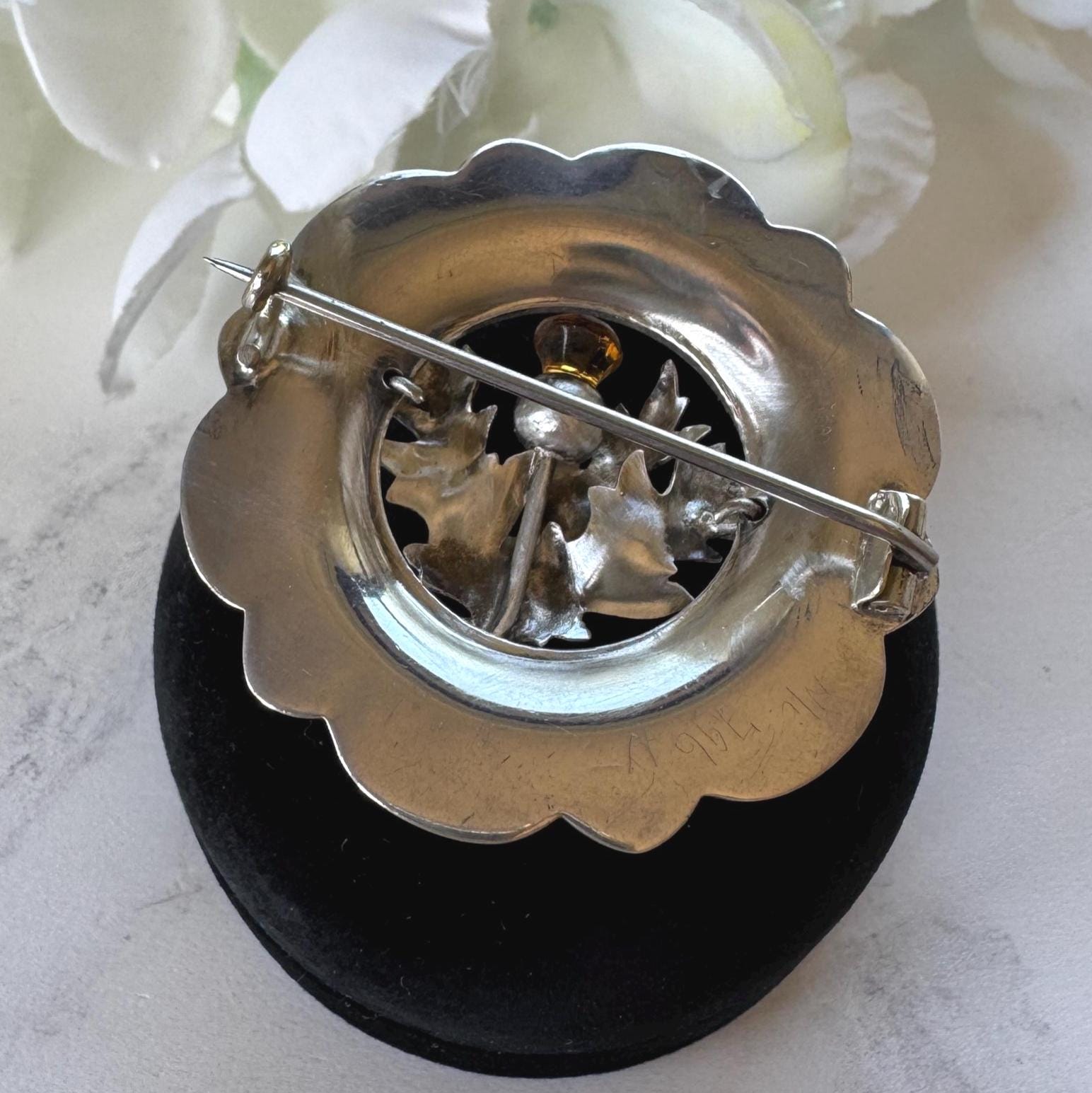 Antique Victorian Scottish Agate Citrine Thistle Brooch, Sterling Silver Pebble Jewellery c1900