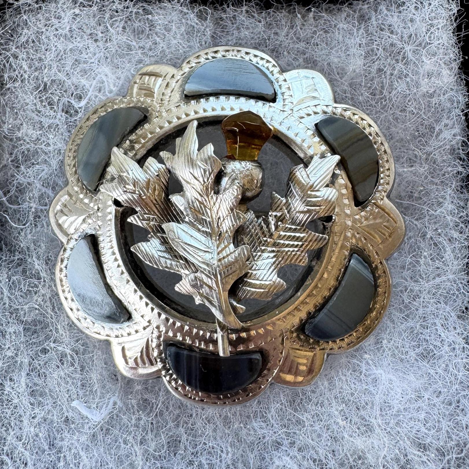 Antique Victorian Scottish Agate Citrine Thistle Brooch, Sterling Silver Pebble Jewellery c1900