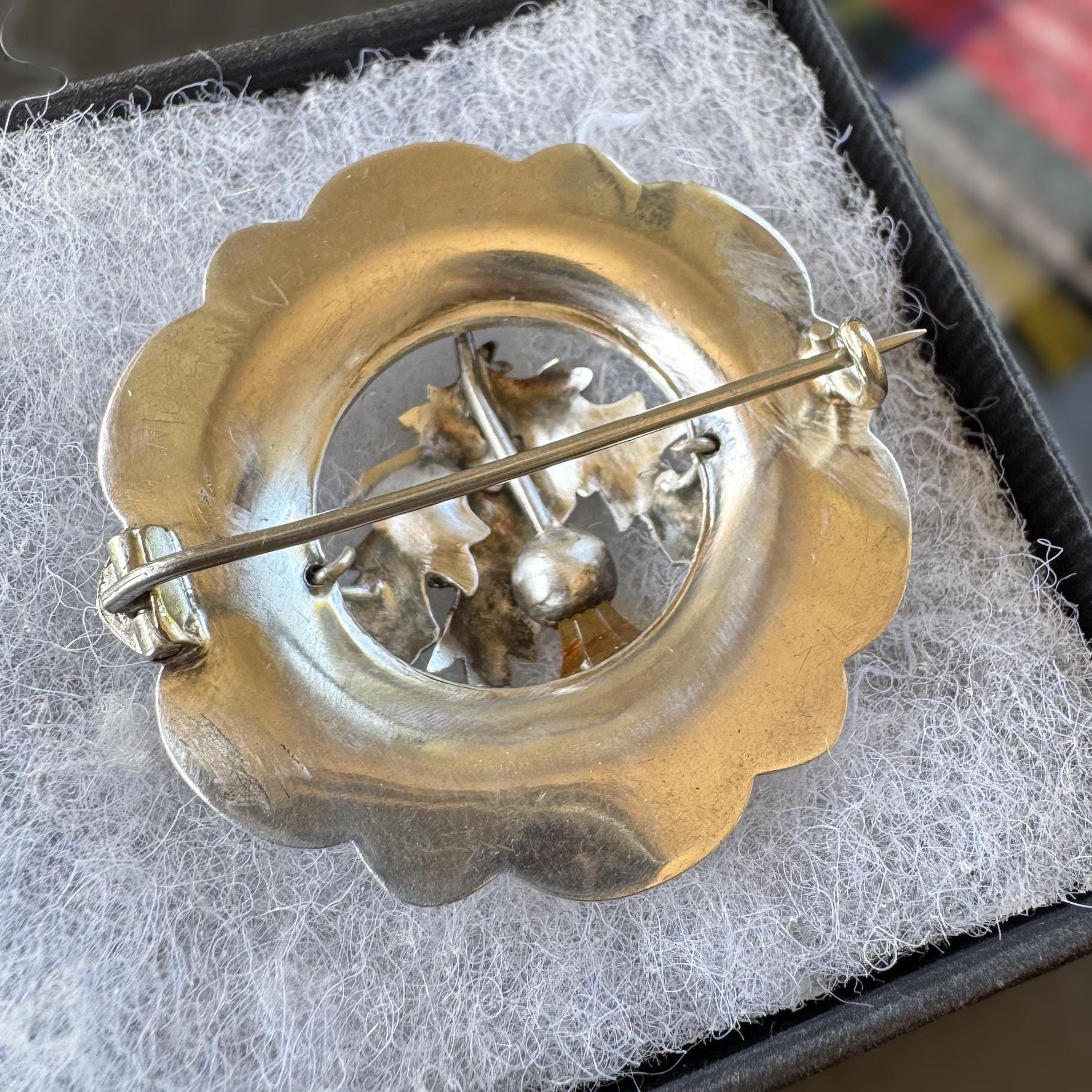 Antique Victorian Scottish Agate Citrine Thistle Brooch, Sterling Silver Pebble Jewellery c1900