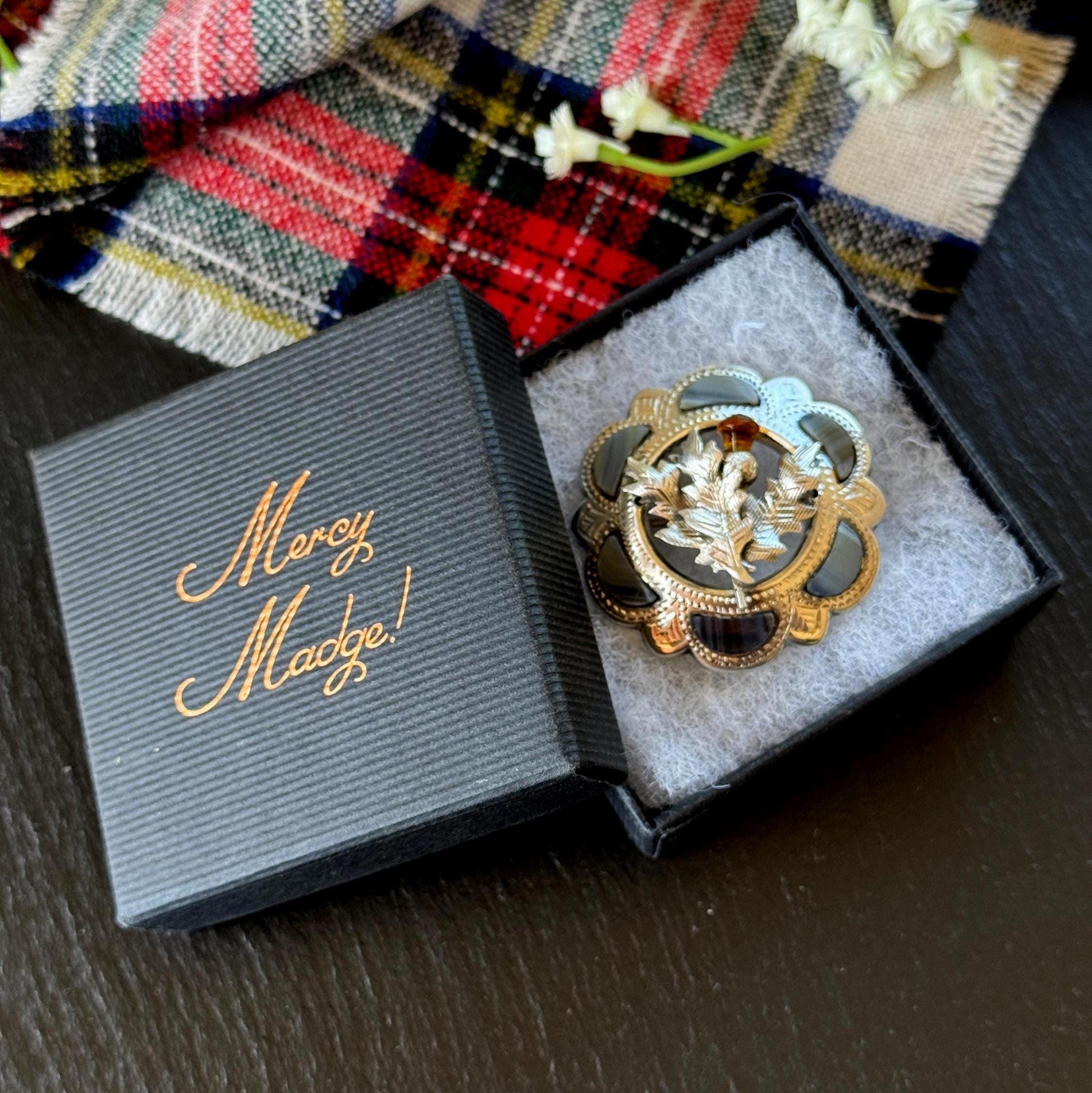 Antique Victorian Scottish Agate Citrine Thistle Brooch, Sterling Silver Pebble Jewellery c1900