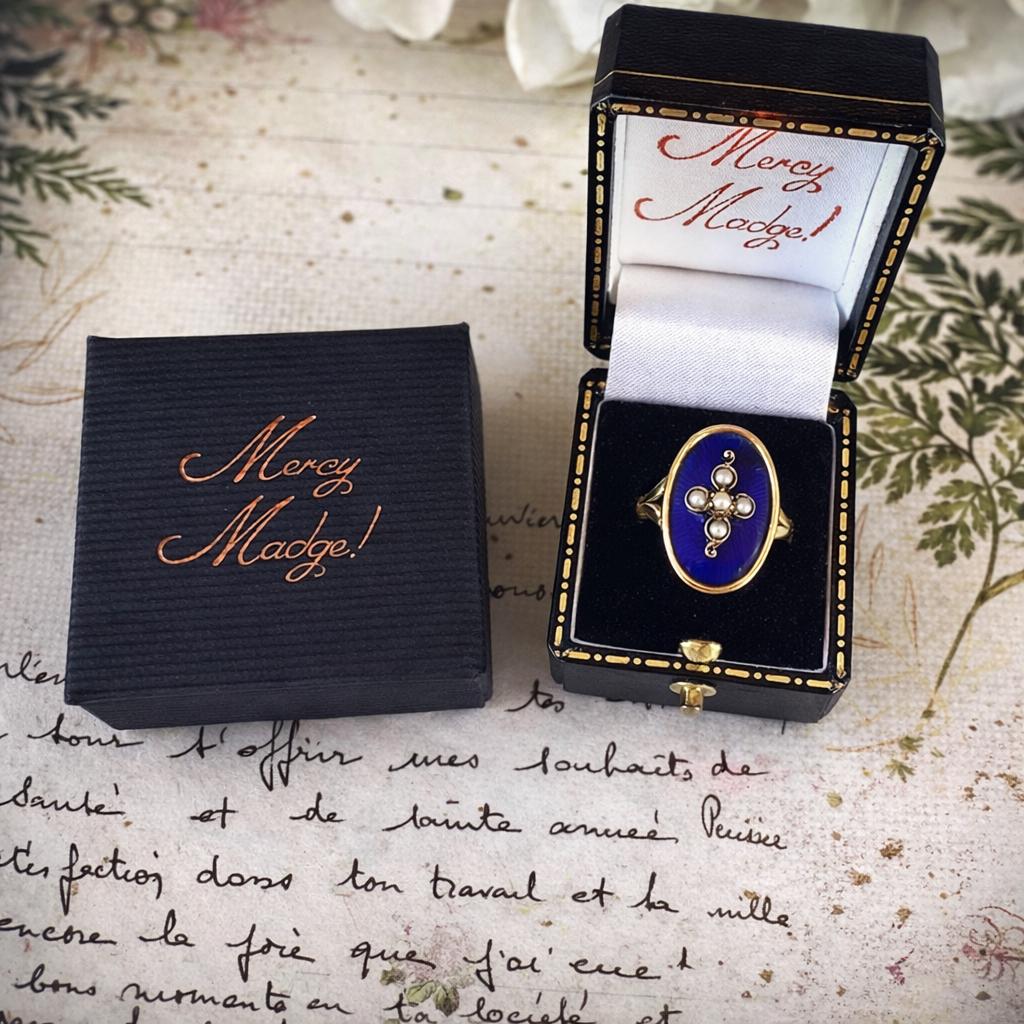 Antique Victorian 15ct Gold & Blue Enamel Glass Mourning Cross Ring