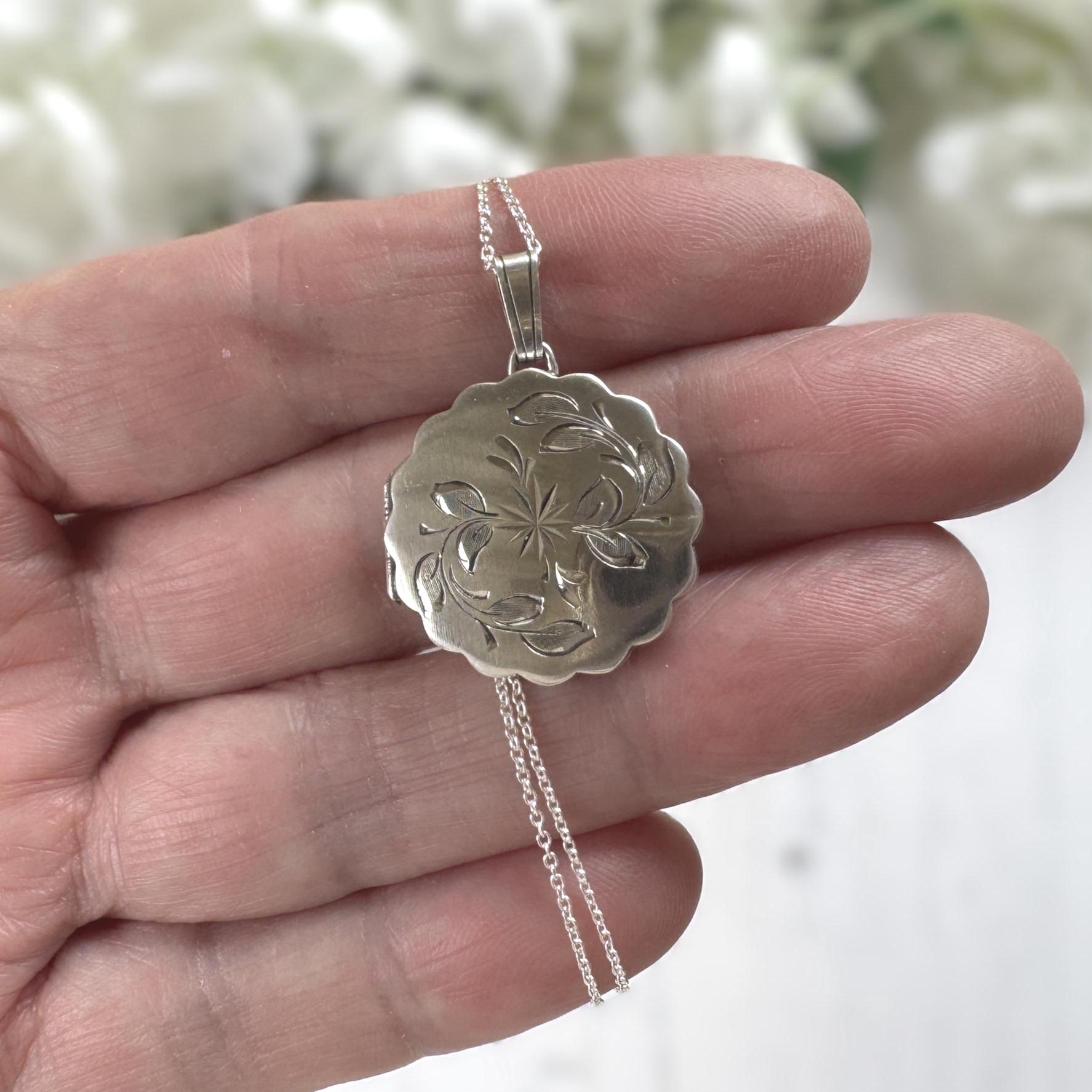 Vintage Sterling Silver Locket Necklace, Birmingham 1980, Engraved Floral Star, Scalloped Edge Pendant