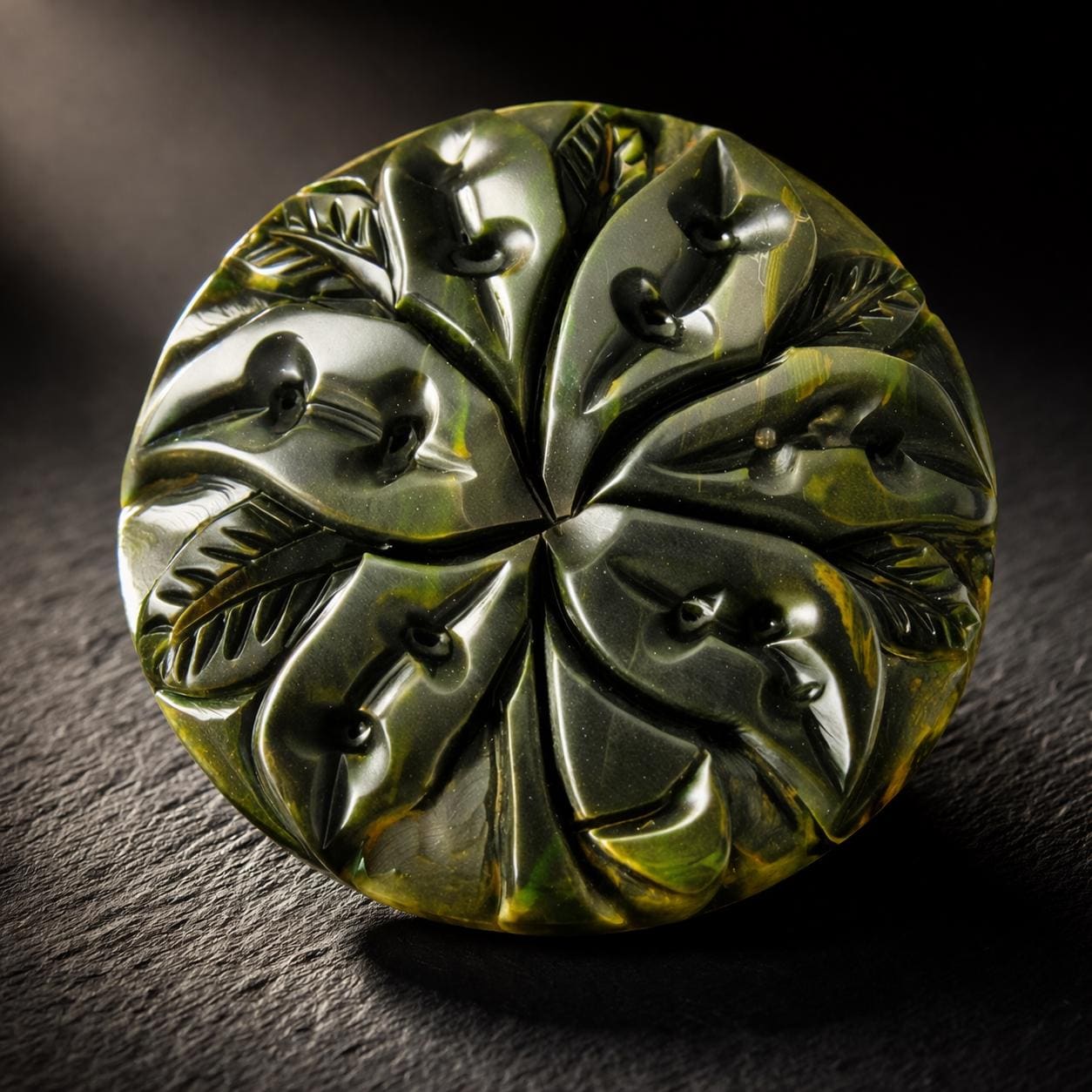 Large 1930s Art Deco Carved Bakelite Orchid Brooch, Green Creamed Spinach Disc Statement Pin