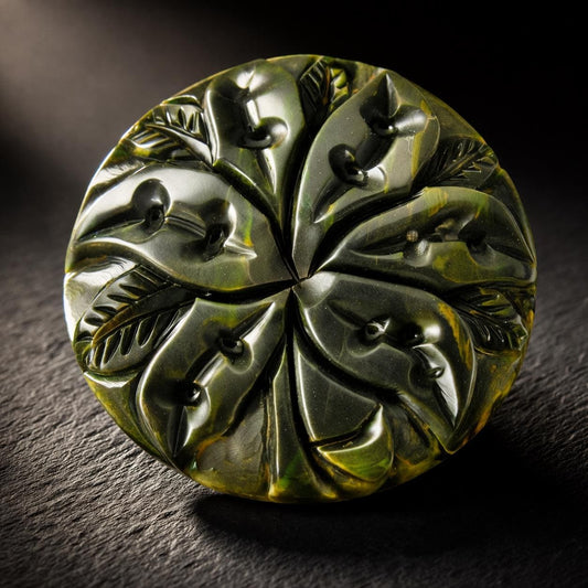 Large 1930s Art Deco Carved Bakelite Orchid Brooch, Green Creamed Spinach Disc Statement Pin