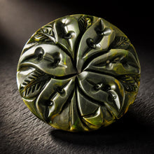 Charger l'image dans la galerie, Large 1930s Art Deco Carved Bakelite Orchid Brooch, Green Creamed Spinach Disc Statement Pin
