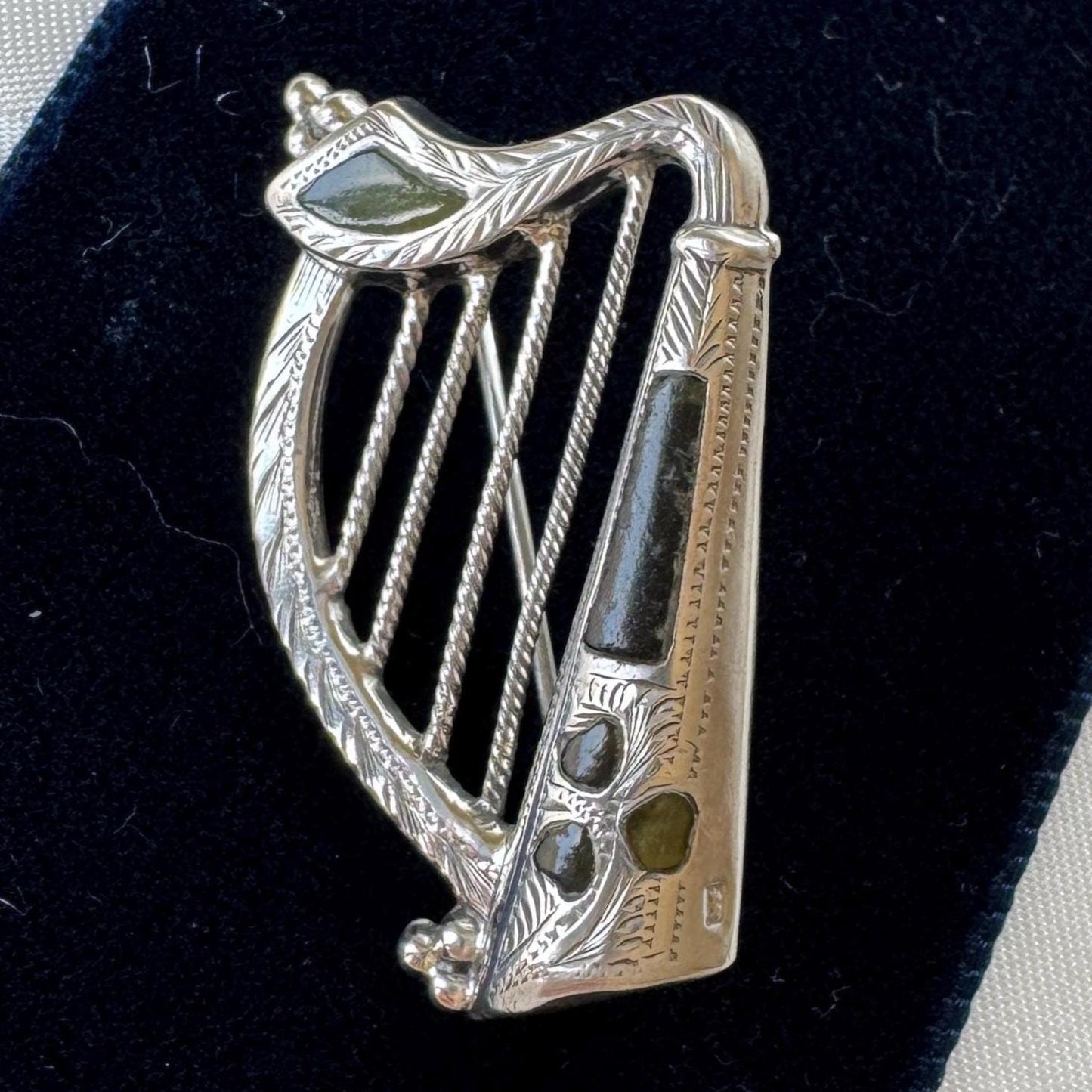 Antique Silver Irish Harp Brooch with Connemara Marble Shamrock, Hallmarked 1904