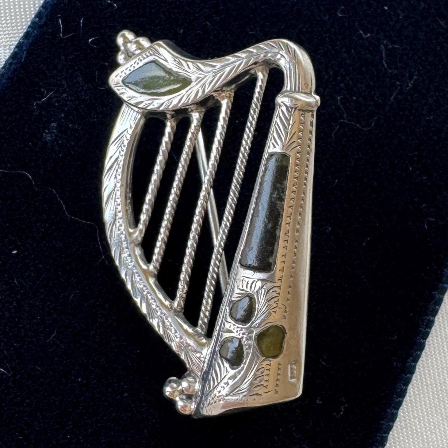 Antique Silver Irish Harp Brooch with Connemara Marble Shamrock, Hallmarked 1904