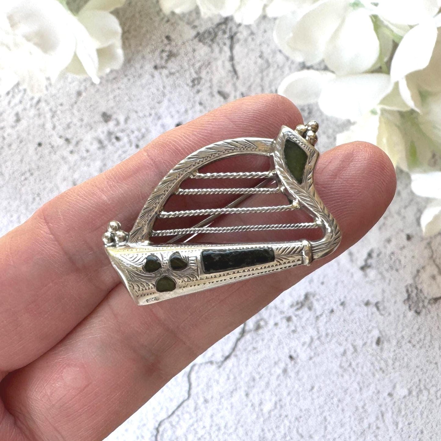 Antique Silver Irish Harp Brooch with Connemara Marble Shamrock, Hallmarked 1904