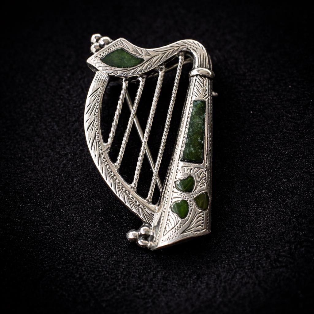 Antique Silver Irish Harp Brooch with Connemara Marble Shamrock, Hallmarked 1904