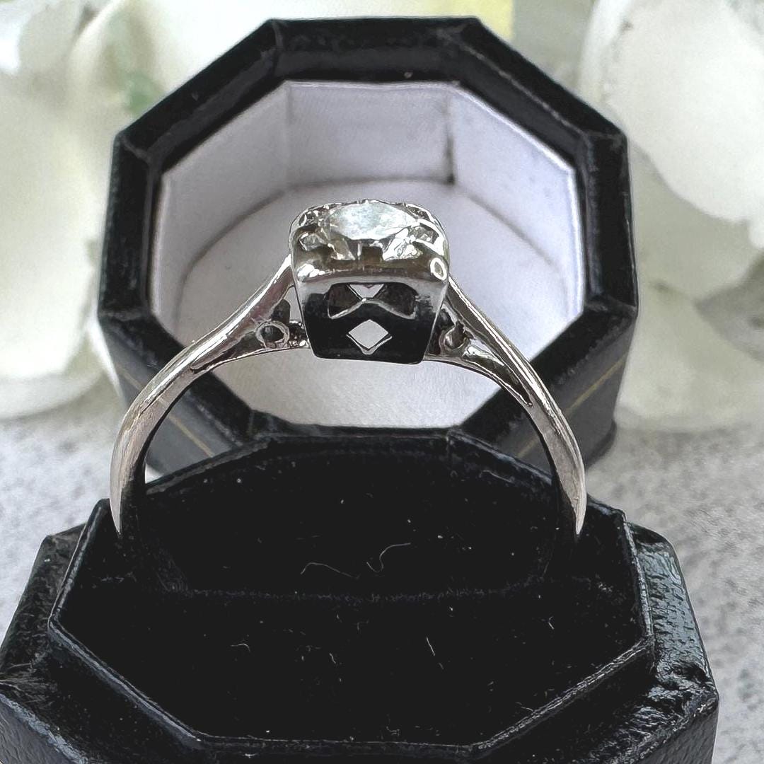 Vintage 18ct White Gold 0.43ct Diamond Solitaire Ring, Square Bezel Set, Size M.5/6.5