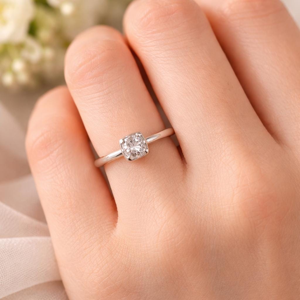 Vintage 18ct White Gold 0.43ct Diamond Solitaire Ring, Square Bezel Set, Size M.5/6.5